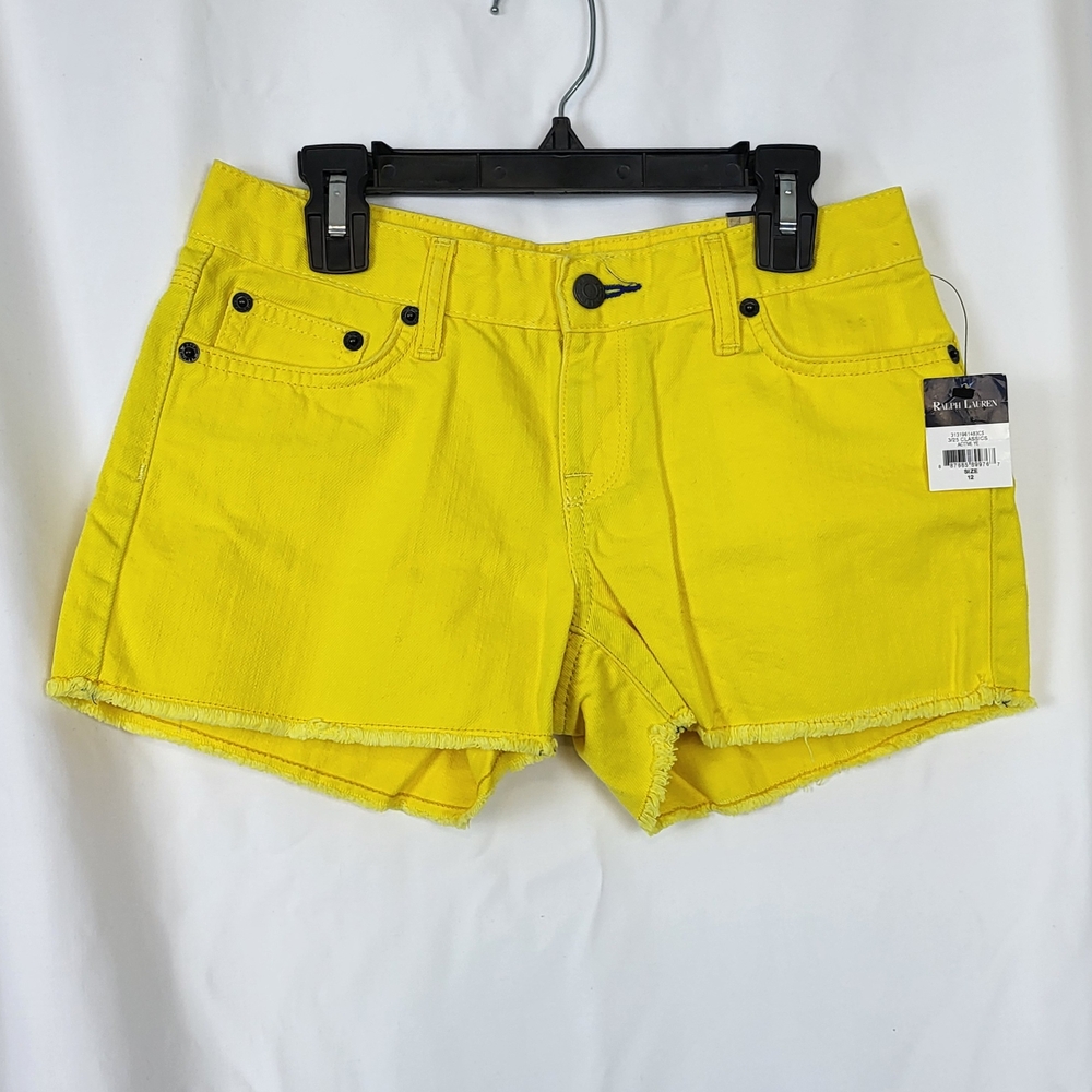 Ralph Lauren Girls Y2K Yellow Raw Hem 5‎ Pocket Denim Shorts Sz 12 New Vintage